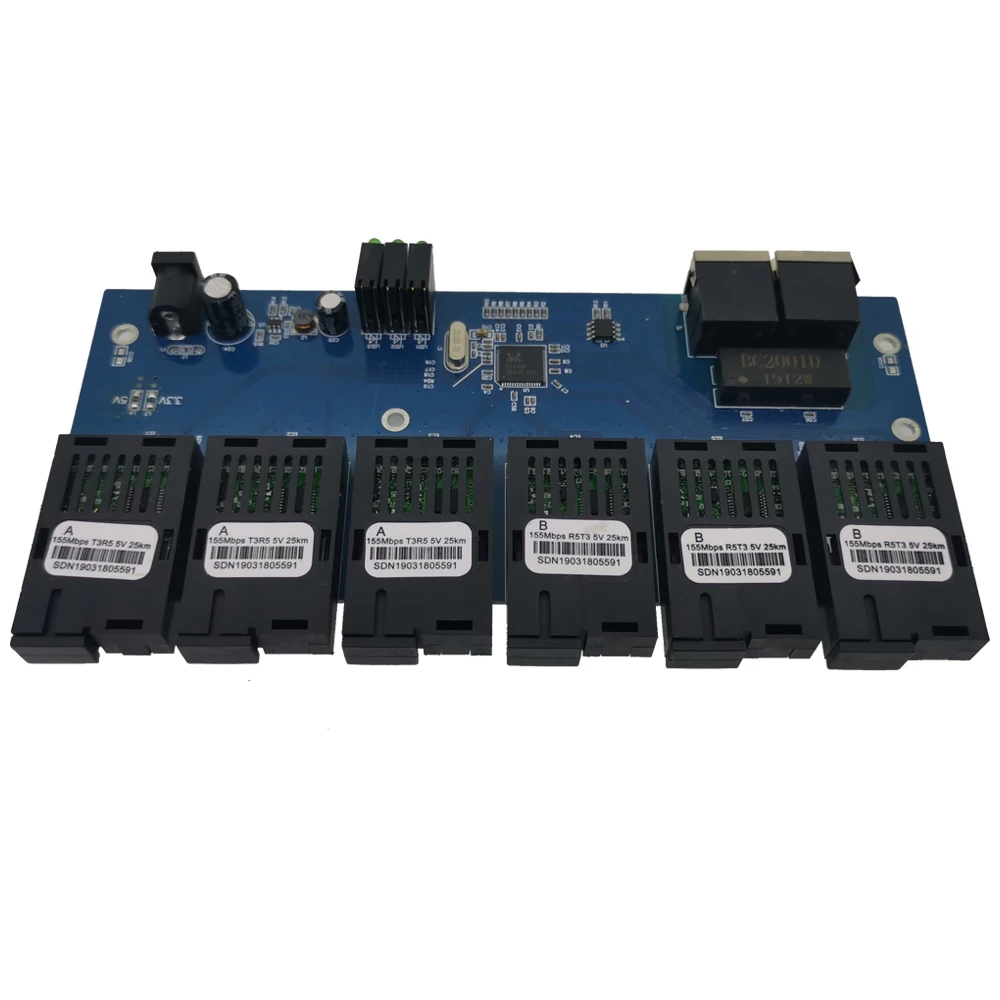 Волоконно-оптический медиа-конвертер 6F2E, 10/100 м, 25 км, один режим, 2 * RJ45 и 6 портов SC Fiber PCBA