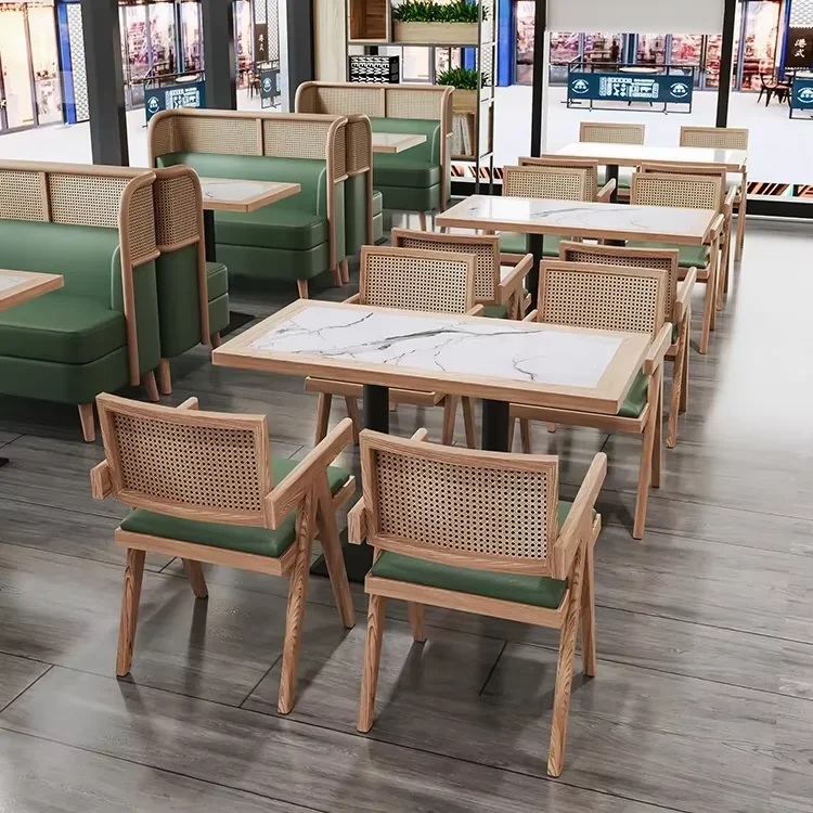 Modern Internet Famous Shop Southeast Asian Style Rattan Wood Design Restaurant Sofa Booth Dining Table And Chair Set