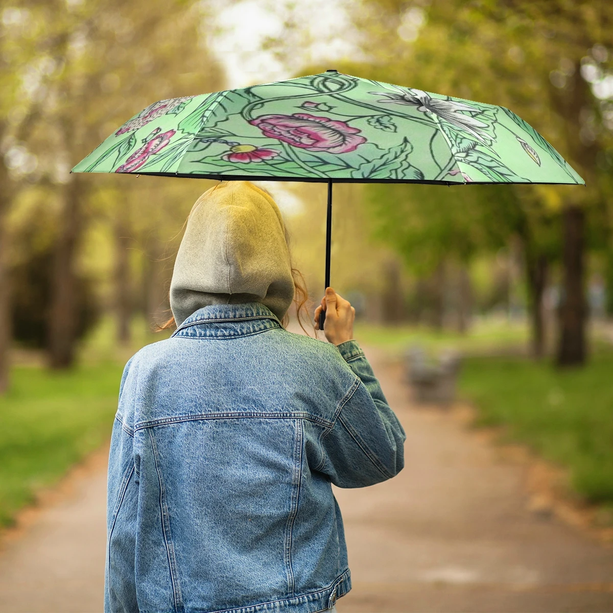 Outdoor Rain Sun 3 Fold UV Protection Windproof Women Portable Sublimation Umbrellas