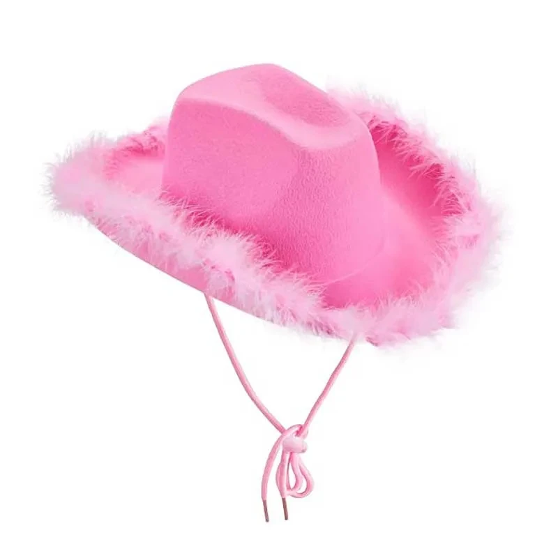 Pink Feather Cowgirl Cowboy Hat for Women Girls Birthday Bachelorette Costume Dress-Up Party Role Play Western Costume Y935