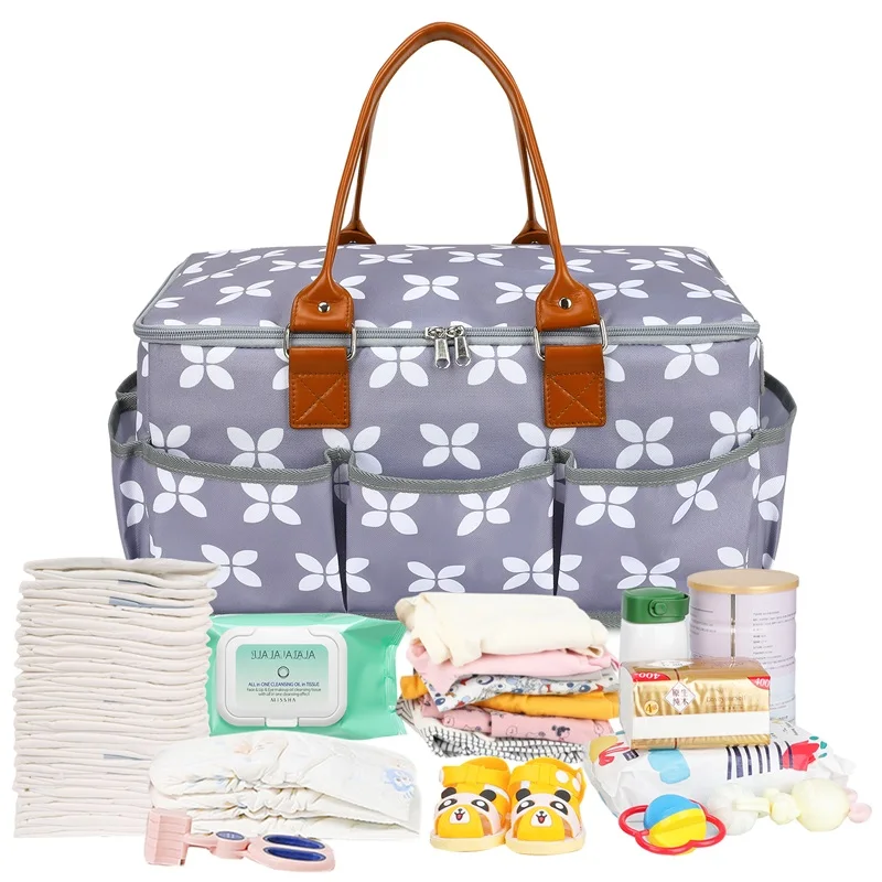 Custom Printing Portable Tote Diaper Organizer Manufacturer Designer Diaper Bags For Babies With PU Leather Handle