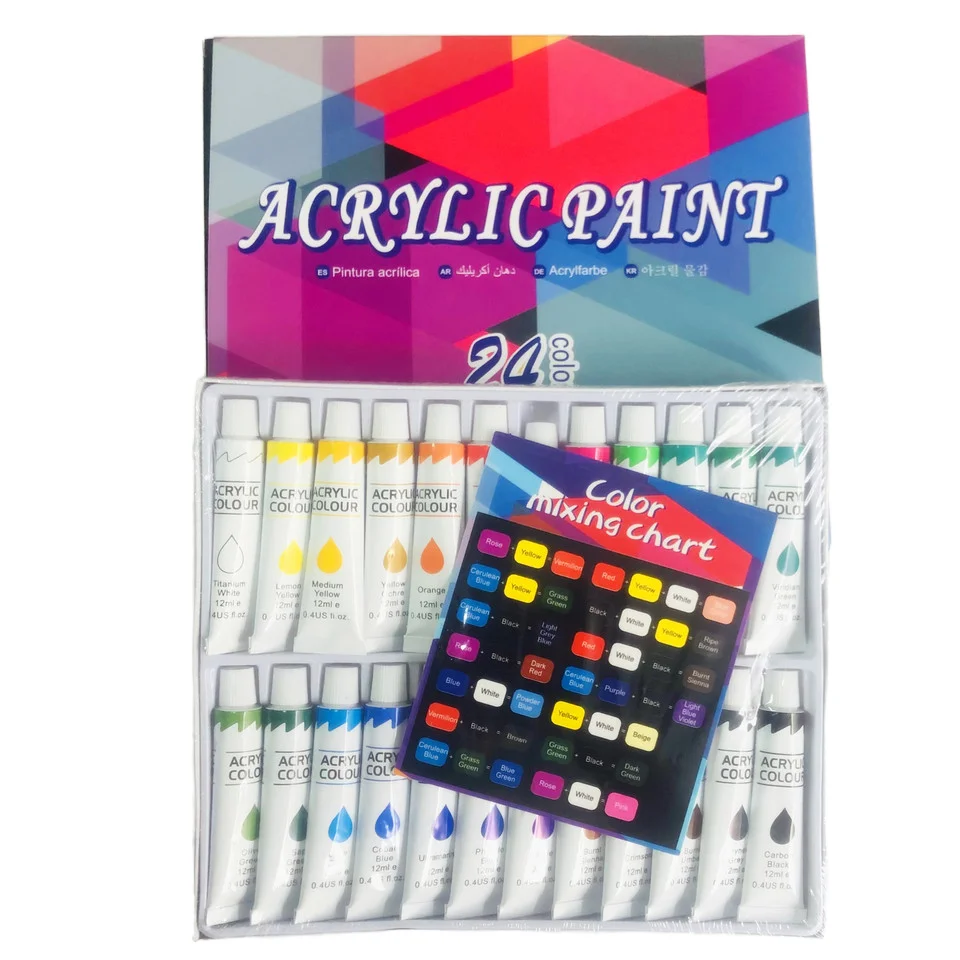 Customizable 12ml Tube Acrylic Pigments 12/24 Colors for Art Painting on Canvas Glass Paper Packaged Set