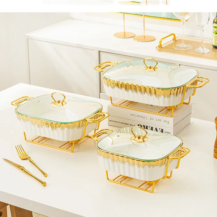 Керамические прямоугольные золотые тарелки с ручкой, фарфоровые подносы для выпечки для свадебных торжеств с крышкой, подсвечники