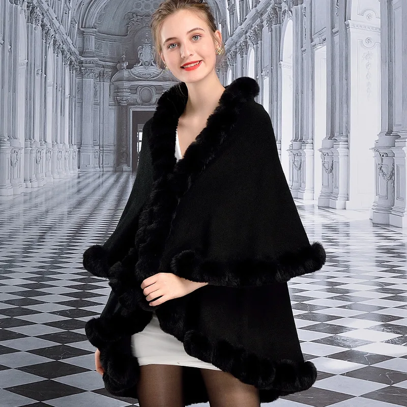 Top Quality Women Winter Wool Blended Cape Shawls With Faux Fur Trim