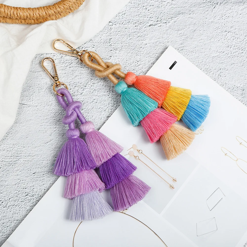 Boho Bag Pendant Bohemian Multi Color Tassel Bag Charm Pom Pom Purse Charm Handbag Charm Pompom Key Chain Tassel Keychain Wood