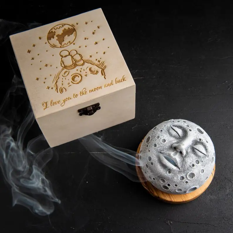 Moon Face Backflow Incense Burner  with Cube Handmade by Artist  Handmade Figure