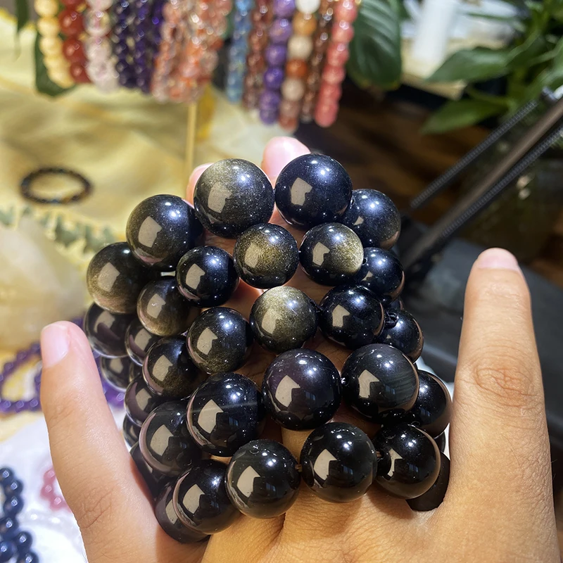 crystal spiritual bracelets crafts healing stone natural round golden sheen obsidian crystal bracelets for Women
