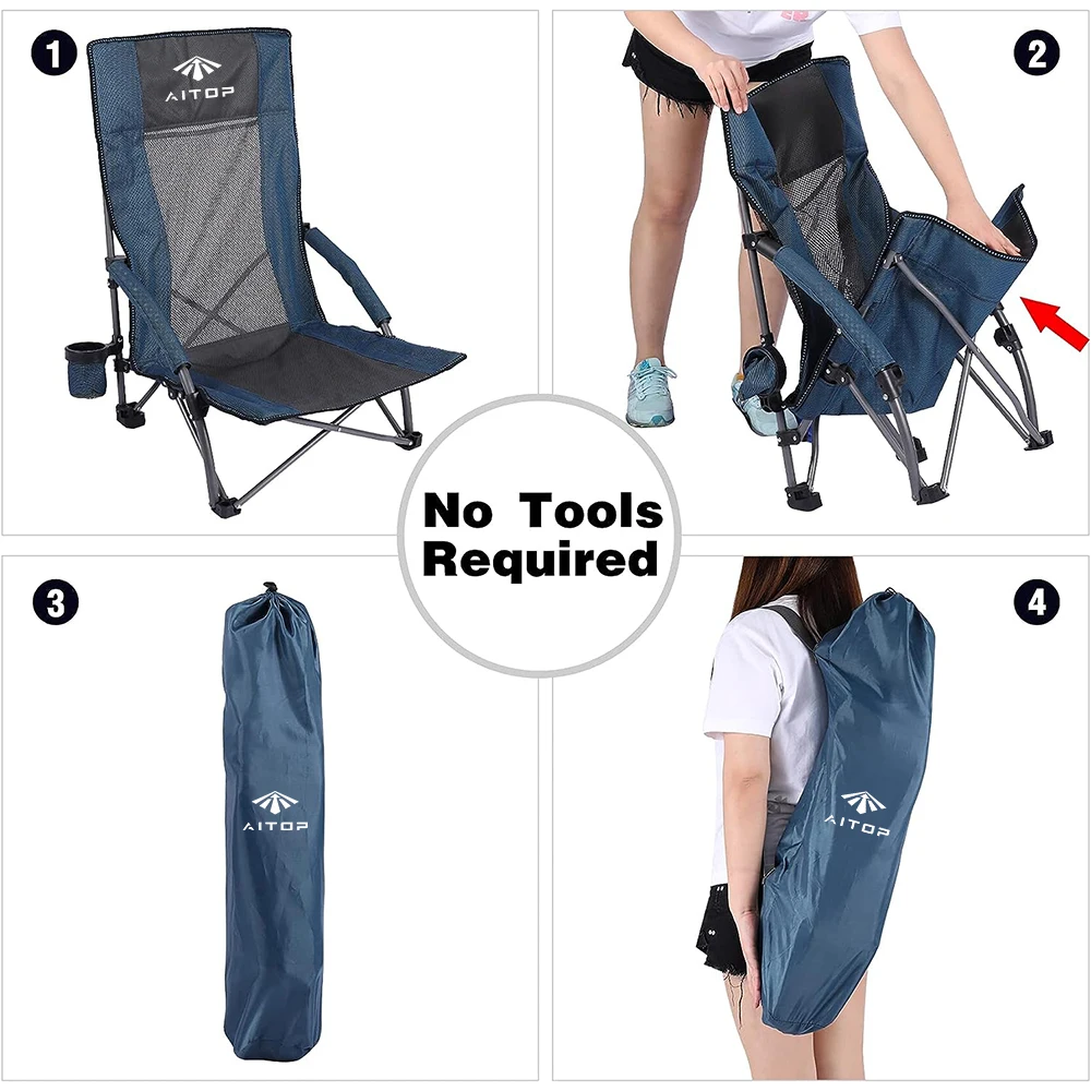 Outdoor Lightweight Portable Low Beach Seat Folding High-Back Beach Chair with Carry Bag for Fishing Beach