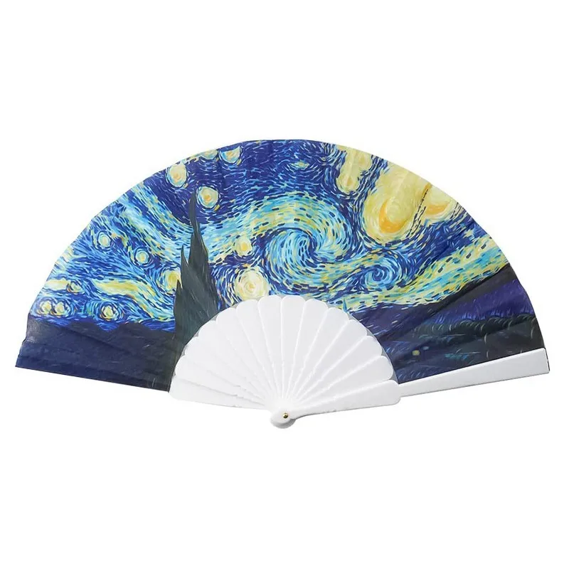 Hand Fan with Famous Painting Van Gogh & Gustav Klimt & Claue Monet Painted Fabric 6 designs  Portable Plastic Frame Fan
