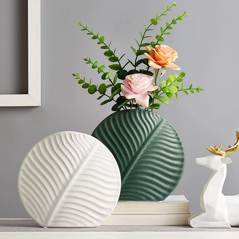 Nordic Ceramic Leaf Vase Living Room Decorations Flower Arrangement Vase Desktop Creativity Green Leaves Floral Ornaments
