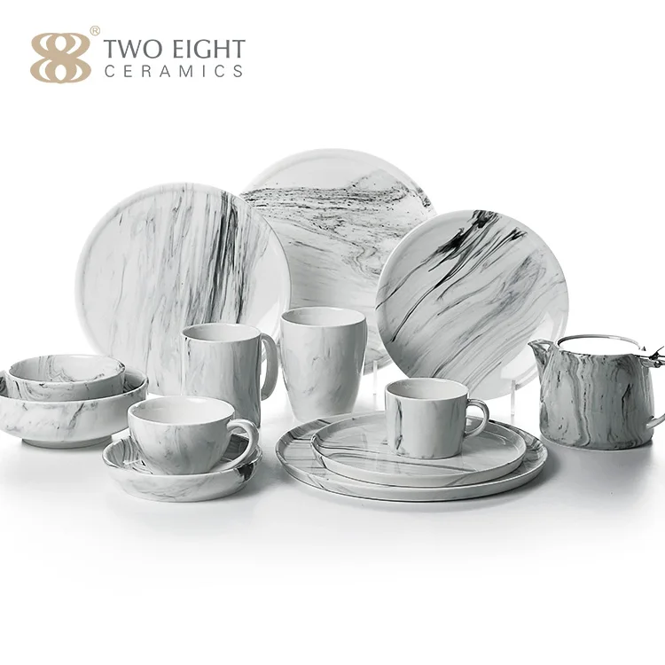 Top Seller Marble Design Dinnerware Set Wholesale, Modern Stoneware Durable Crockery Porcelain Dinner Plates Sets