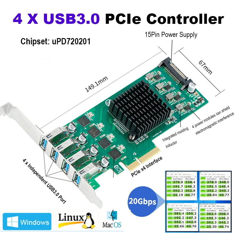 Expansion Card Computer Stock Each Port Arrive 5gbps Upd7202 Chip 20gbps Independent 4-channel USB3.0 Pcie3.0 PCBA Green IOCREST