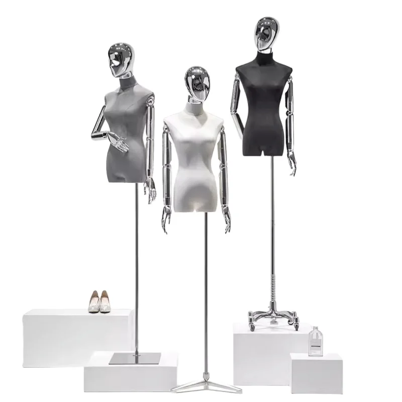 Female Dummy Model Suede Half-Body Mannequin with Iron Base For Clothing Store Window Wedding Clothing Display