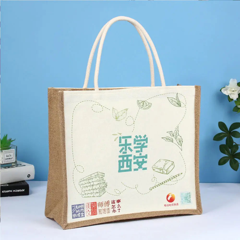 Jute with canvas mix fabric Custom Material Natural Reusable Eco Friendly UV digital printing Daily Handbags Tote bag
