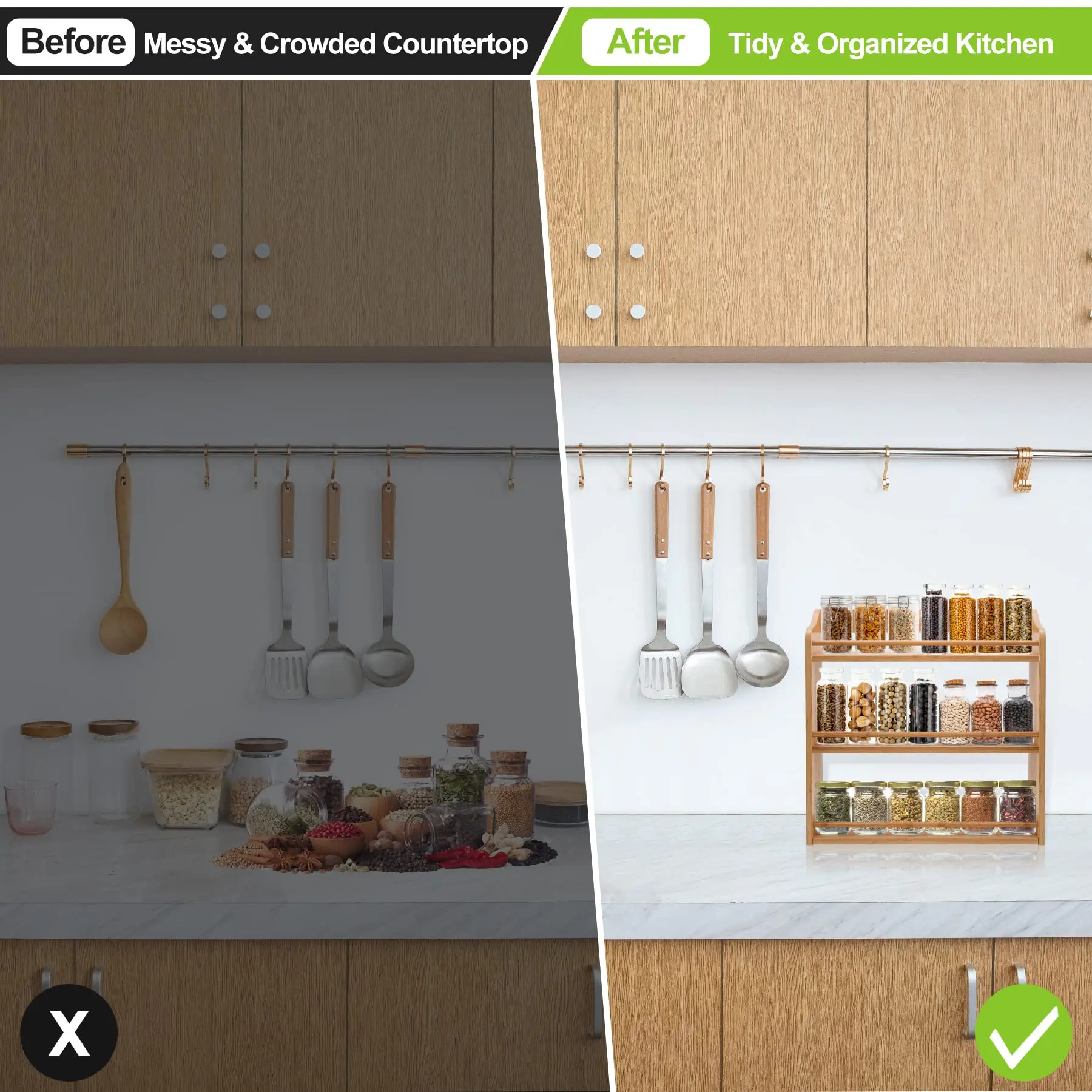 Custom Wood Spice Display Rack Standing Jar Seasoning Organizer 3 Tier Bamboo Shelf For Kitchen Cabinet Glass Jar Organizer