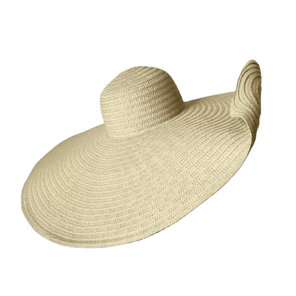 Hot Selling Women 70 Cm Sunshade Beach Paper Grass Logo Patches Embroidery Colorful Wide Brim Floppy Straw Hat