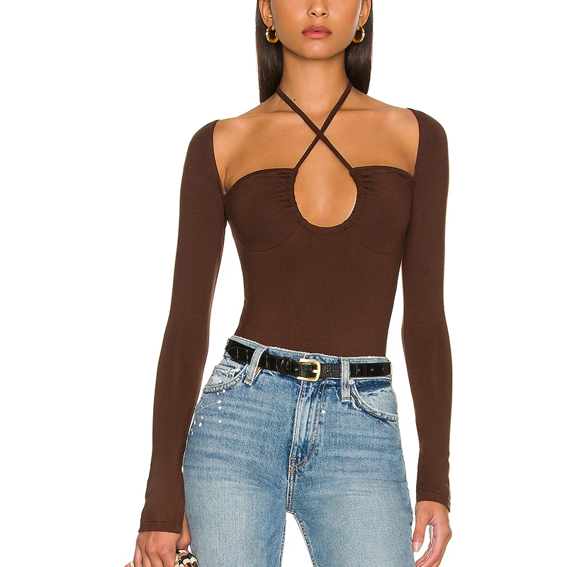 Spandex bodysuit for women long sleeve bodysuit casual elegant tops for women halterneck top bodysuits for women custom logo