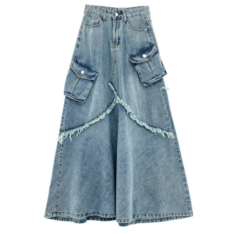 High quality custom patchwork raw edge denim skirt 2024 new designer work skirt high waist long A-line skirt