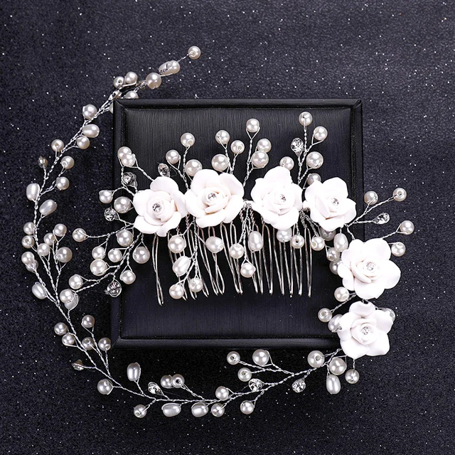 Elegant Silver Flower Pearl Crystal Bridal Hair Comb Headpiece Hairpin Headband Wedding Hair Accessories For Bride Women
