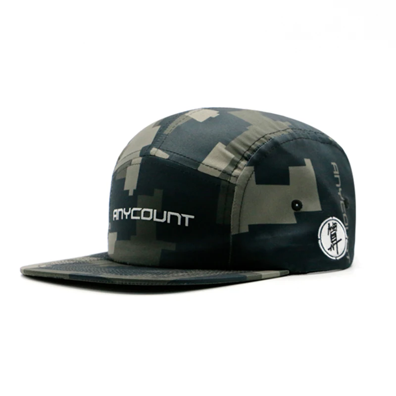 Premium Custom Flat Embroidery Full Camo Printing Nylon Private Label Adjustable Buckle Strap Five Panel Camp Hat