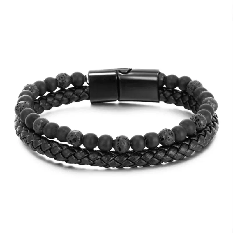 Punk Fashion Black Volcanic Stone Mens Trendy Bracelet High Quality Bracelets Man Natural Stone Bead Leather And Steel Bracelets