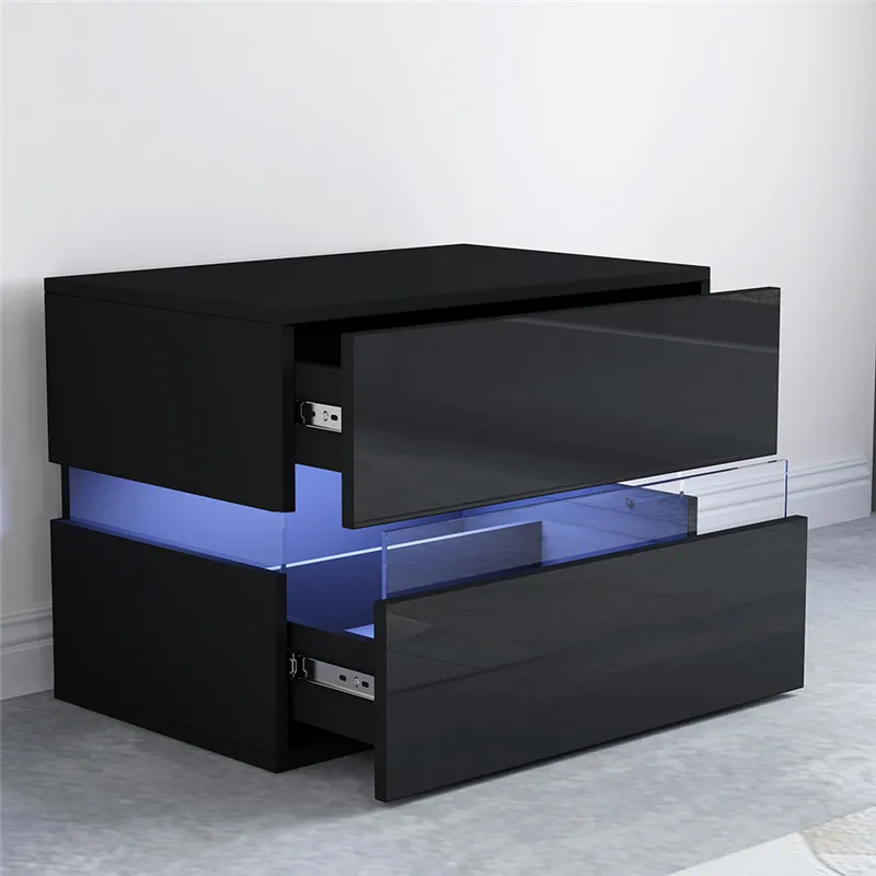 Black Bedside Cabinet Nightstand 2 Drawers White Bedside Table High Gloss LED Lights Modern Bedroom Furniture
