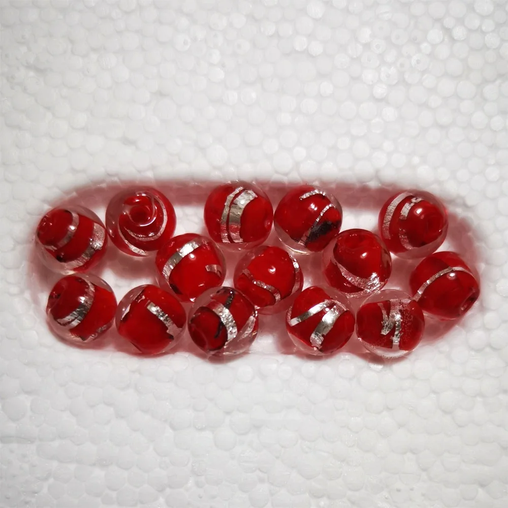 8mm Red Silver Foil Line Focal Beads Handmade Round Crystal Beads Lampwork Murano Glass Beads For Jewelry Necklace Bracelet Kits
