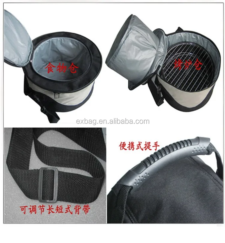 Black Portable Charcoal Barbeque Mini Grill with Cylinder Cooler Bag Perfect for Camping or Outdoor Cooking and Tailgating