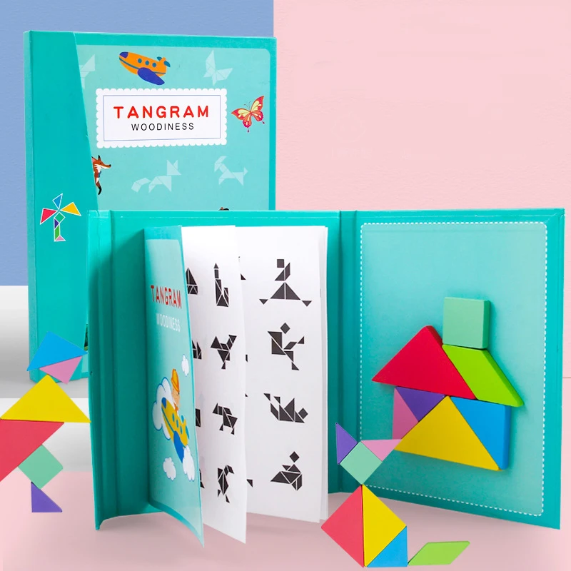 Hot Sale Children Educational Wooden Toys Learning Box Colorful Tangram Puzzle Magnetic