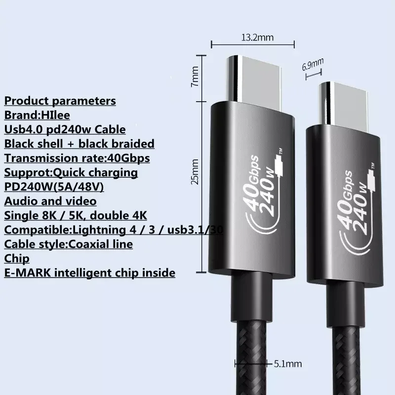Nylon Braid Thunderbolt 3 USB C 8K USB4.0 Cable for Monitor External SSD eGpu 240W 40Gbps
