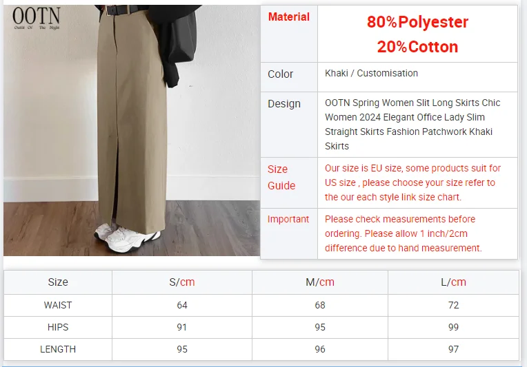 OOTN Spring Women Slit Long Skirts Chic Women 2024 Elegant Office Lady Slim Straight Skirts Fashion Patchwork Khaki Skirts