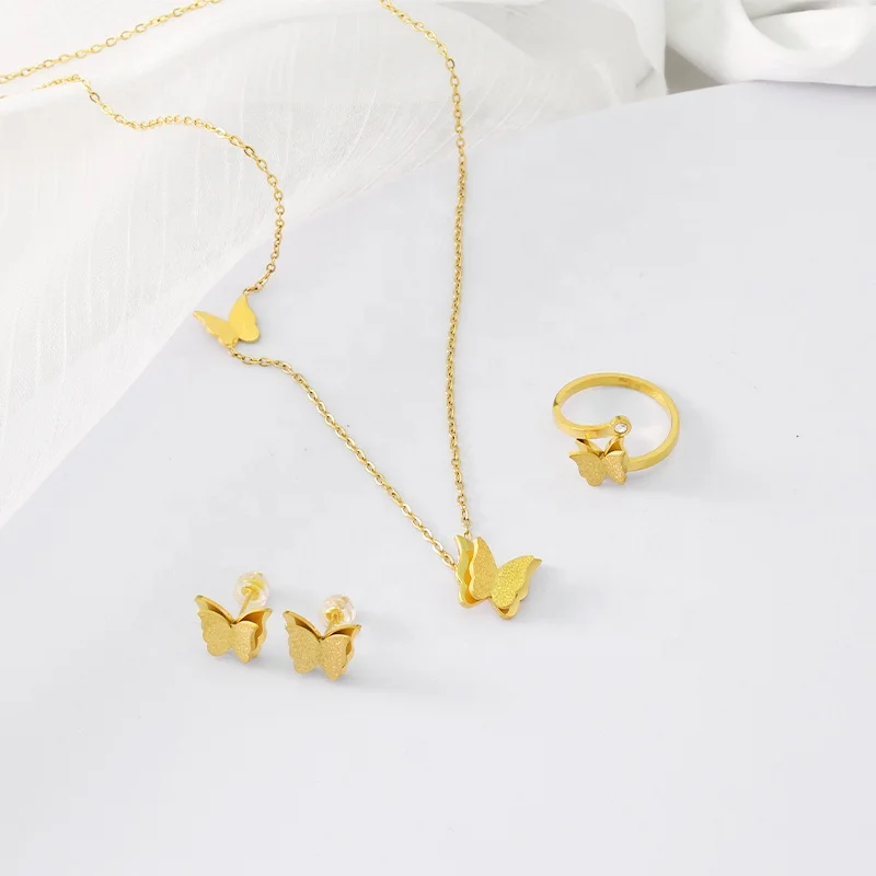 18K Gold Plated Jewelry Frosted Butterfly Pendant Stainless Steel Necklace Earrings Ring  Women Fashion Jewelry Sets