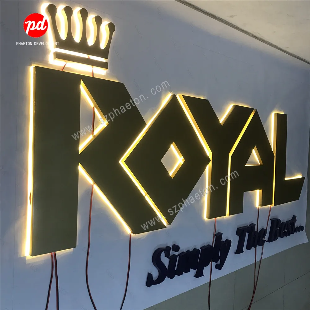 3D Led Backlit Halo lit Mirror Gold Brushed Channel Letters Building Sign Lobby Sign for Company Logo and Shop Store Advertising
