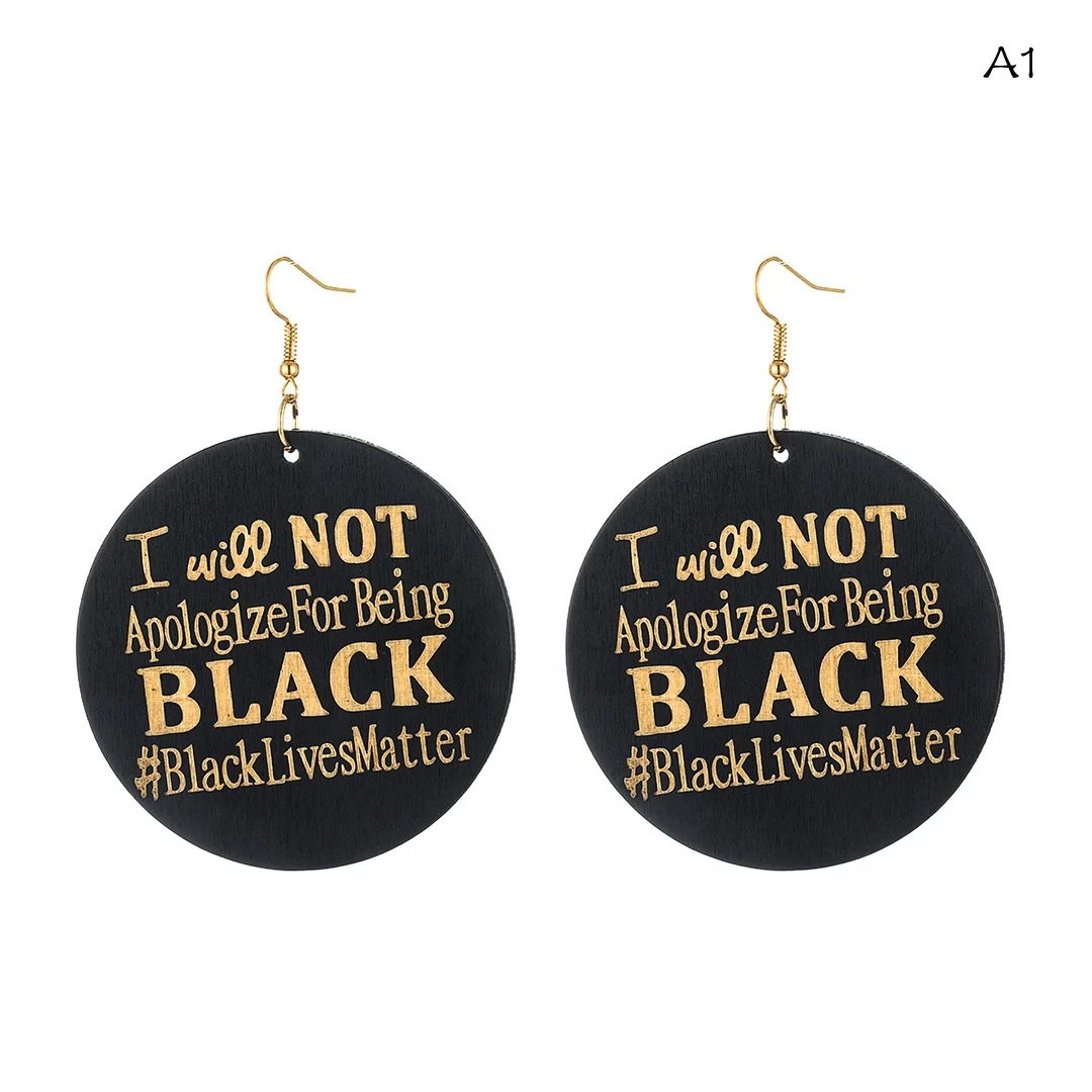 
New Arrival Wooden Drop Earring Round Black Wood Letter Earrings For Women 