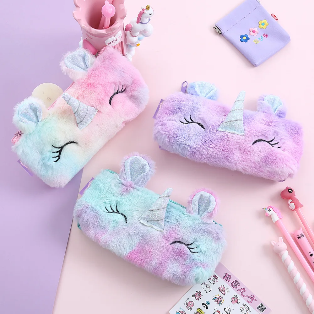 Wholesale bolsa monedero Lady Small Storage Cute Girl Cosmetic Unicorn Makeup Bag Plush Kid Pencil Pouch Fur small pencil case