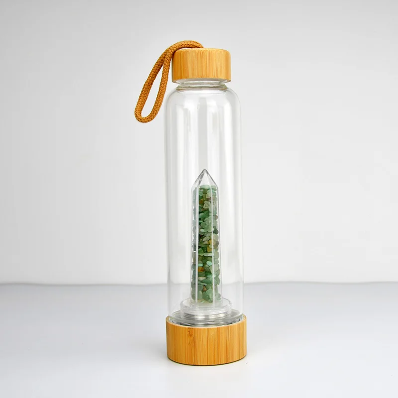 Natural Healing Gemstone Glass Drinking Water Bottle Bamboo Lid Crystal Infused Water Bottle