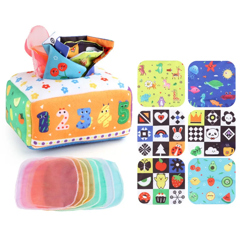 My First Baby Tissue Box Soft Stuffed High Contrast Crinkle Montessori Square Sensory Infant Baby Tissue Box Toys