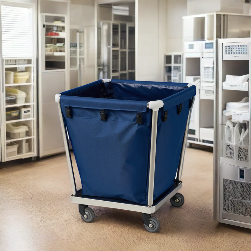 Hotel Hospital Room Service High Quality Stainless Steel Cleaning Laundry Trolley Blue Bag Linen Basket Laundry Cart Cube Truck