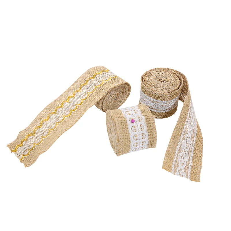 Wholesale hemp linen lace embroidered burlap roll 100% jute fabric lace ribbon for decoration