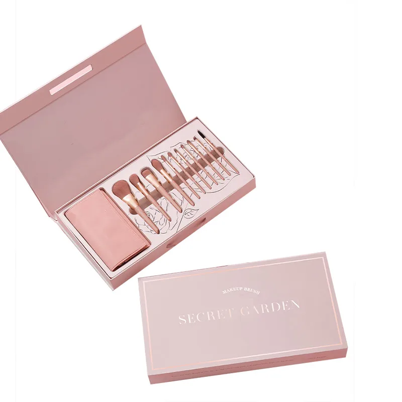 Magnetic flat top 10pcs pink eye brush kit gift box makeup brush set packaging with bag for cosmetic brush