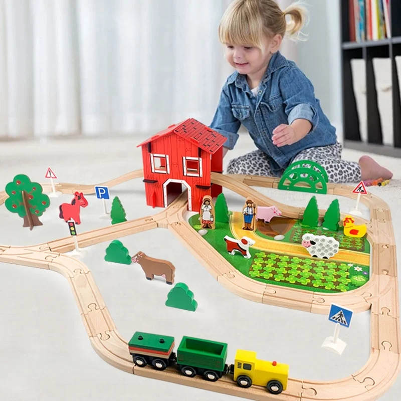 77pcs Wooden Train Set Kids Children Fun Road Crossing Farm Track Set Wooden Toys Kids Stimulation Car Toys