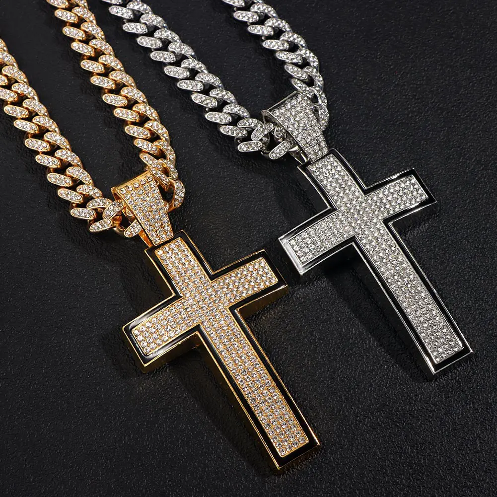13MM Cuban Chain Christian Cross Pendant Necklace Hip Hop Women Religious CZ Stone Enamel Cross Necklace