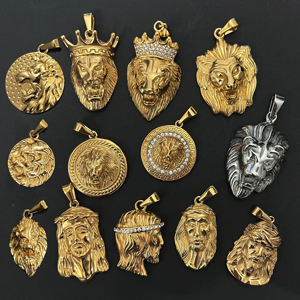 Punk Rock Mens Lion Pendant Stainless Steel King Lion Jewelry Africa Animal Medal Charm PVD 18k Gold Jesus Piece Head Pendant