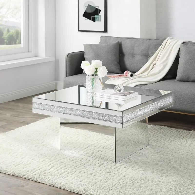 Modern luxury home decor living room furniture square crystal diamond glass mirror coffee table