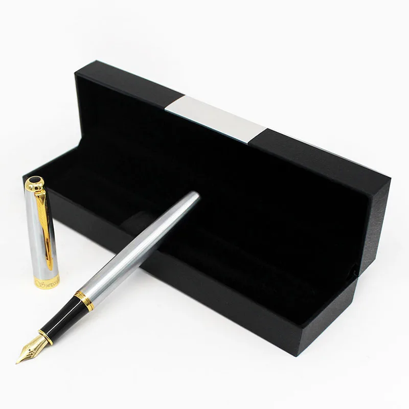 Custom Logo Classic Silver Luxury Fountain Pen Metal Gift Set with Cardboard Box
