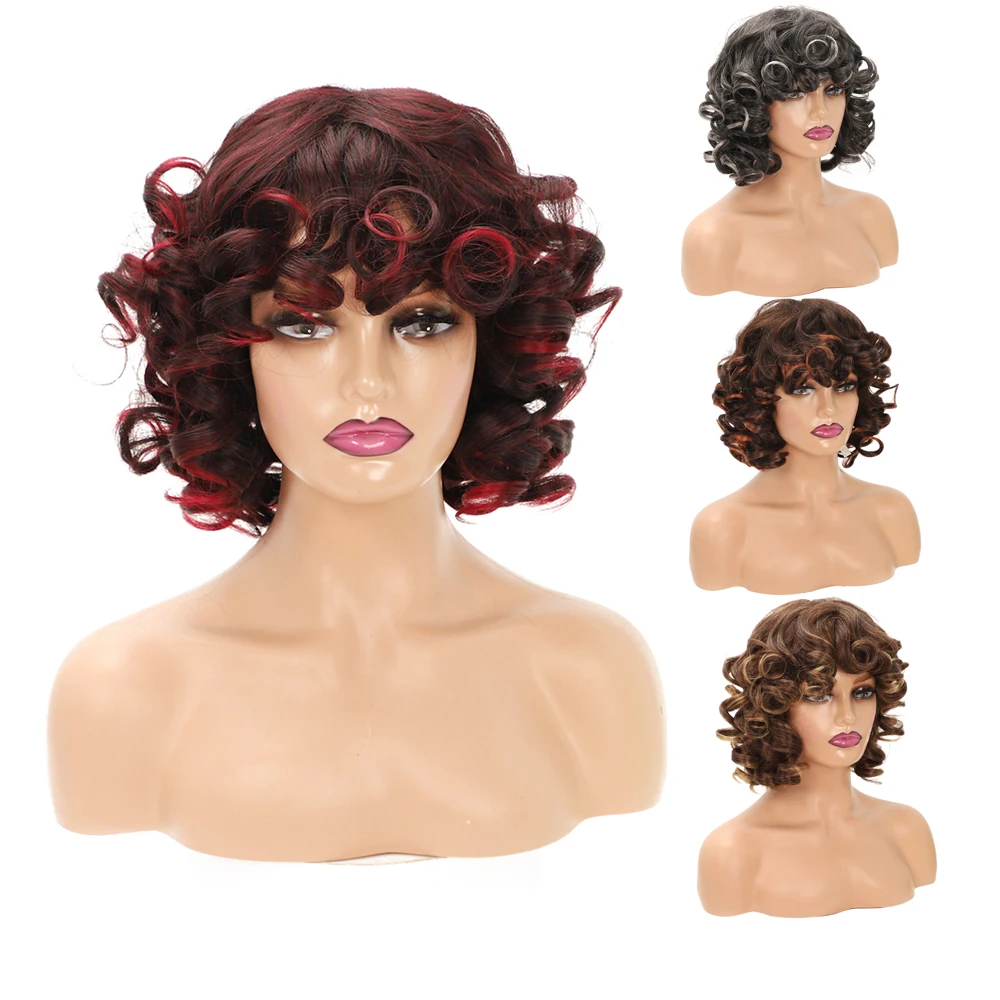 Popular synthetic 13inch short bomb fluffy non lace wigs with fringe big curl colorful cosplay wigs ombre 1BT118# hair vendors