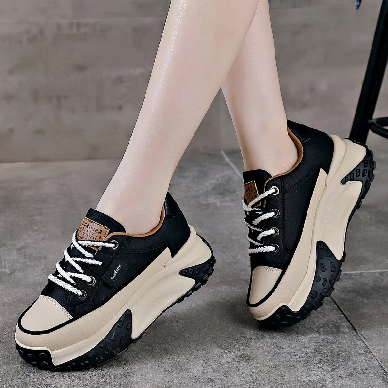 Hot sale Women Thick-soled Walking Shoes White PU Leather Spring Autumn Fashion Woman Chunky Sneakers with 5CM Thick