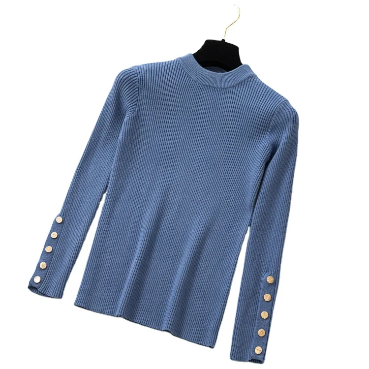 XQM Casual Ladies Pure Color Thick Sweater Pullover Long Sleeve Button Round Neck Sweater Slim Knit Top Soft Pullover