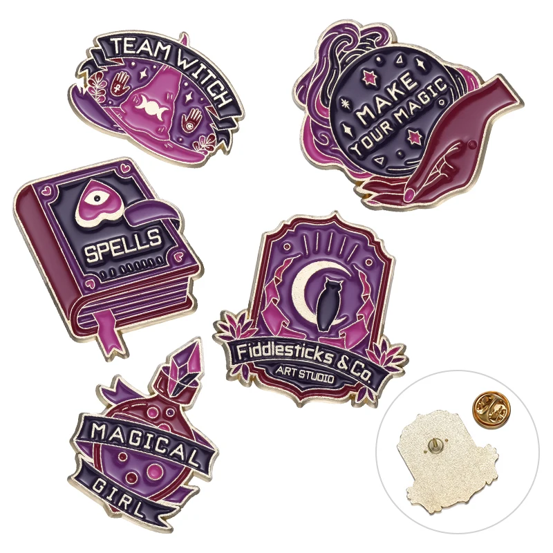 Witch Magic Spell Crystal Ball Halloween Accessories Personalized Black Nickel Magic Book Enamel Lapel Pin Unique Brooch Pins