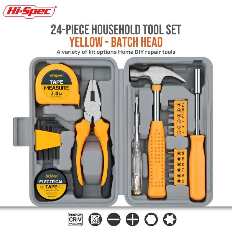 24pc Yellow Small Compact Home Repair Basic Hand Tool Kit Box Set. Household Handyman Hex Keys, Pliers & Screwdrivers. OEM Ready